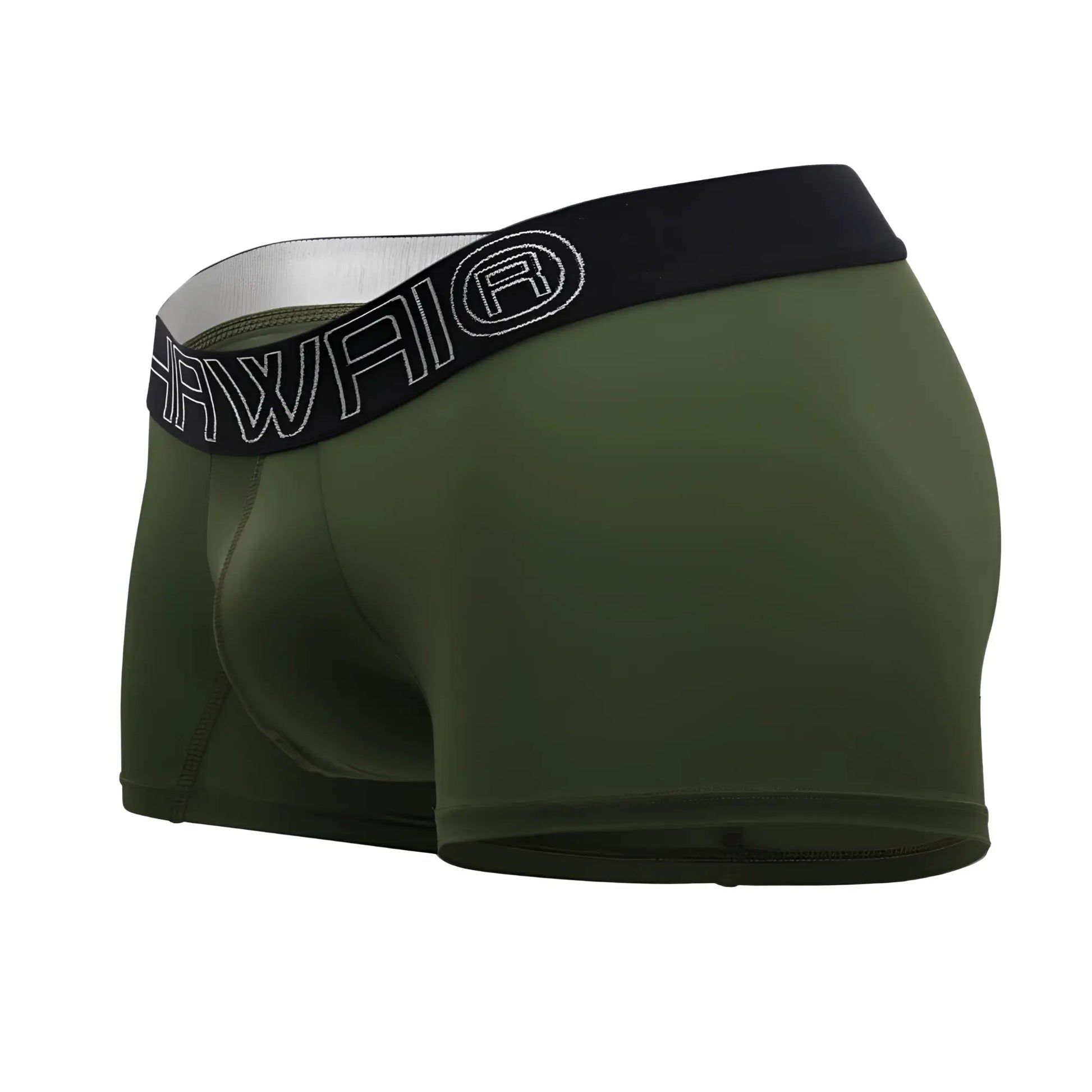 Olive green hawai 41948 boxer briefs with black elastic waistband featuring white outlined hawaii logo