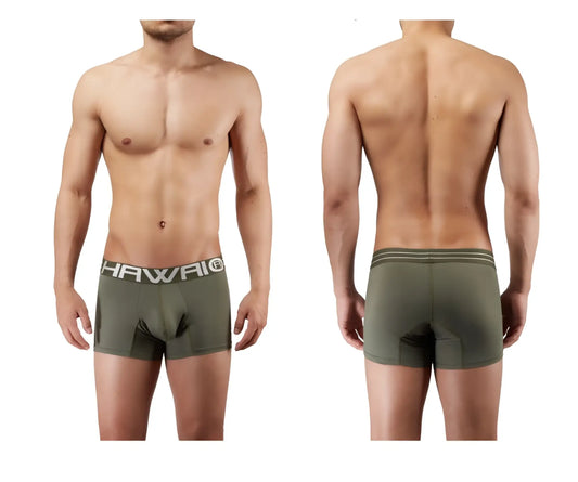 Olive green men’s boxer briefs with gray waistband featuring hawaii logo in white for comfortable everyday wear