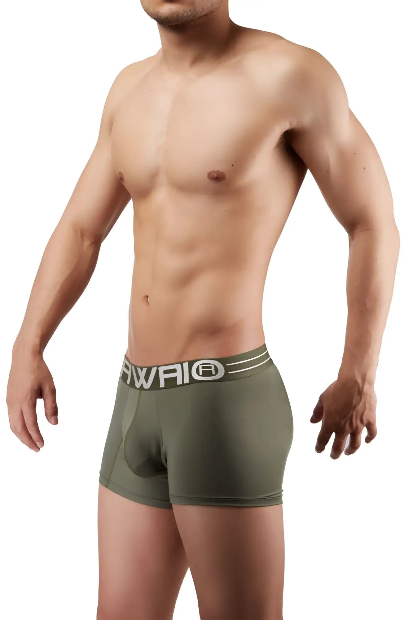 Olive green hawai 41948 boxer briefs with white logo and double waistband stripes in military green color