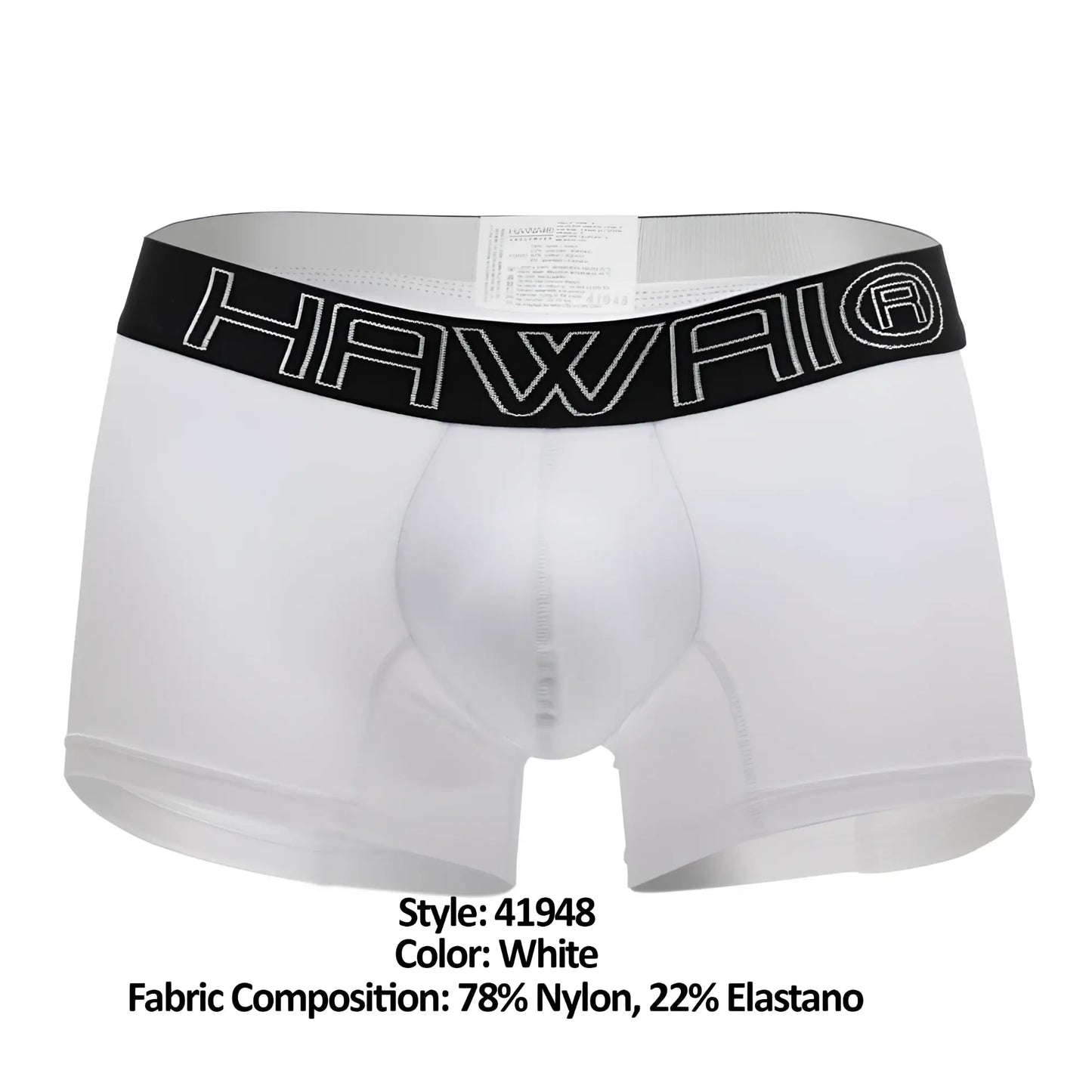 White hawaii boxer briefs in white with a black elastic waistband featuring white outlined lettering