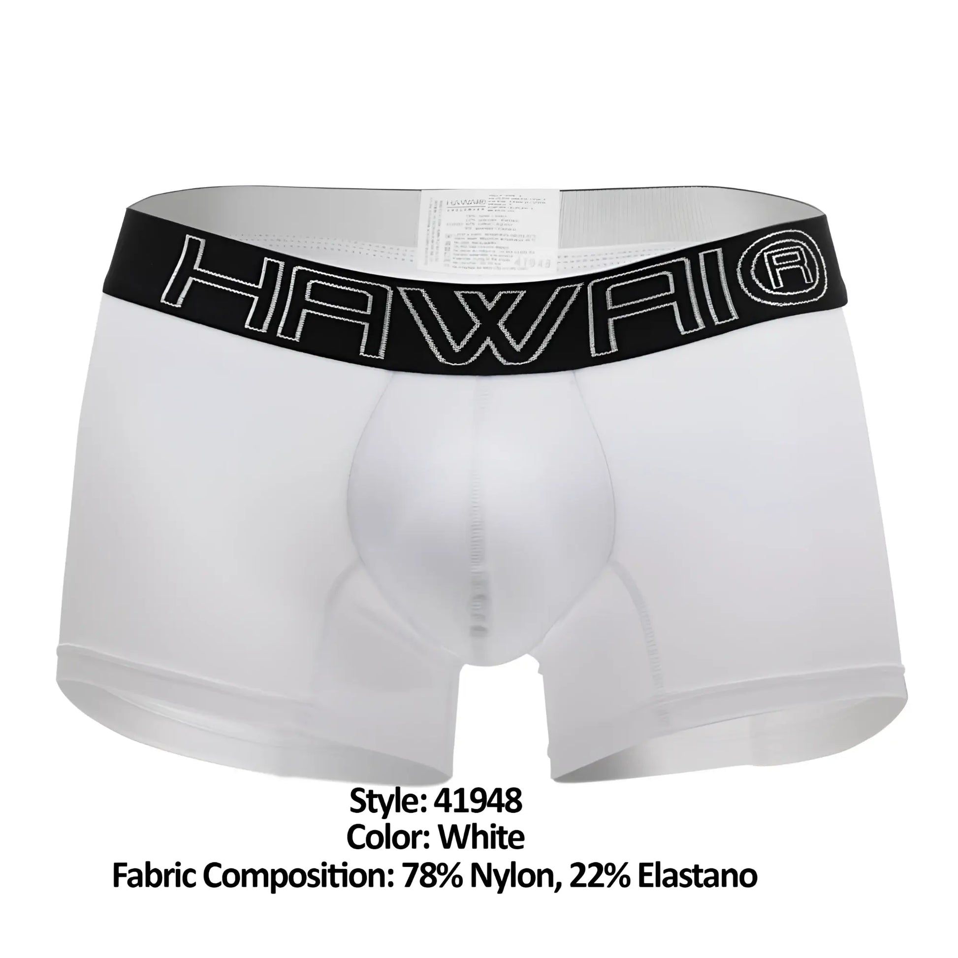 White hawaii boxer briefs in white with a black elastic waistband featuring white outlined lettering