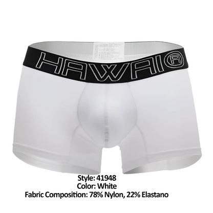 White hawaii boxer briefs in white with a black elastic waistband featuring white outlined lettering