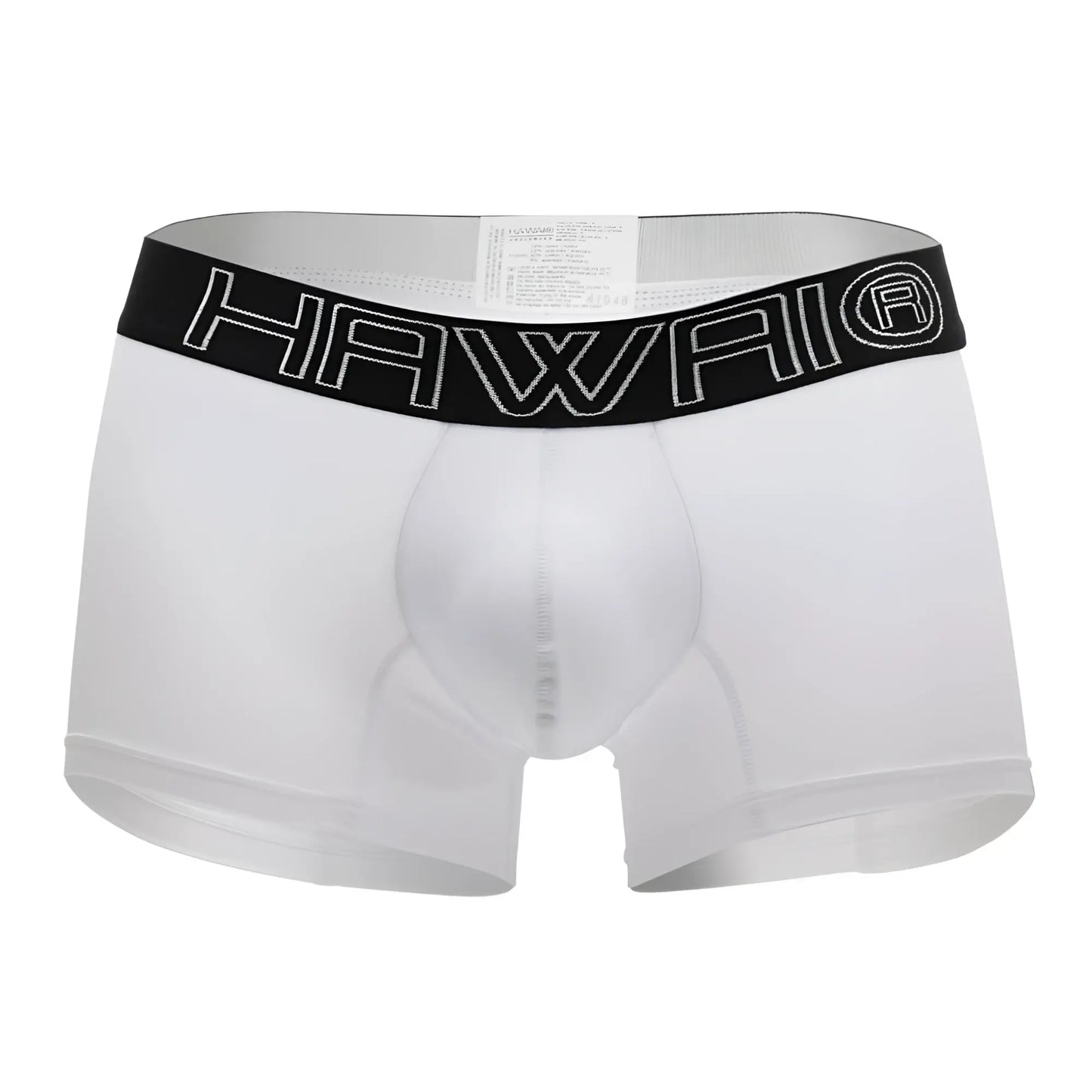 White hawaii 41948 boxer briefs with black elastic waistband and white outlined brand name lettering