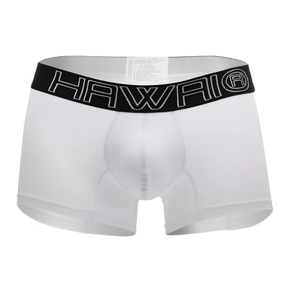White hawaii 41948 boxer briefs with black elastic waistband and white outlined brand name lettering