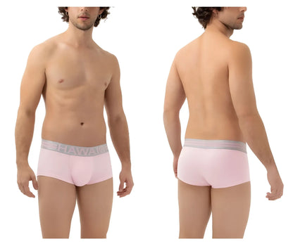 Pink hawaii 41960 cotton trunks featuring briefs with gray elastic waistband and white brand name lettering