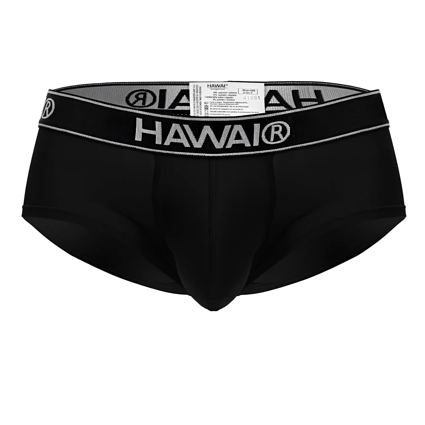 Black hawai 41961 microfiber men’s briefs with contrasting gray waistband featuring bold white brand name