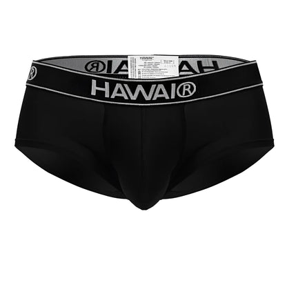 Black hawai 41961 microfiber men’s briefs with contrasting gray waistband featuring bold white brand name