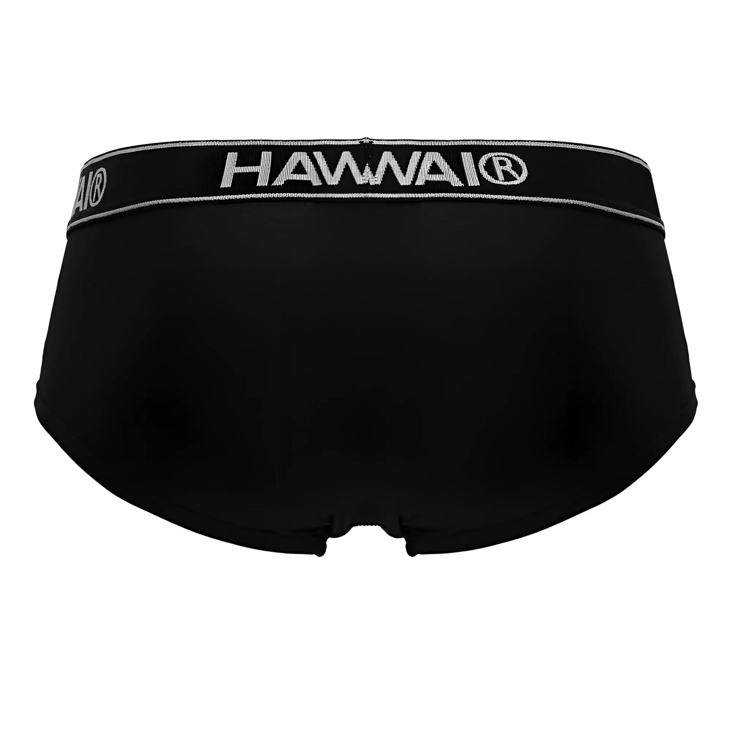 Black Hawai 41961 microfiber men’s briefs in black with a silver embroidered waistband front view