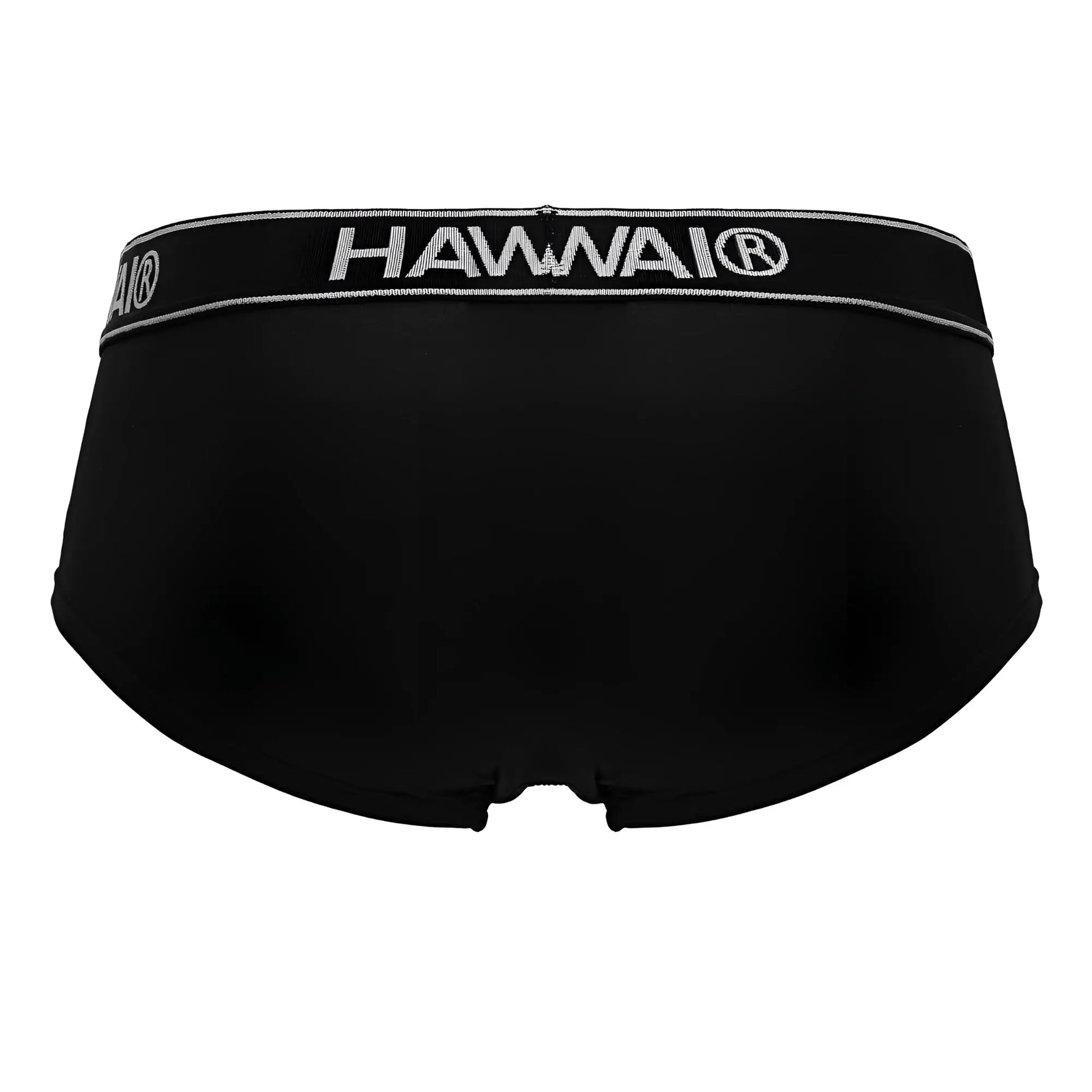 Black Hawai 41961 microfiber men’s briefs in black with a silver embroidered waistband front view