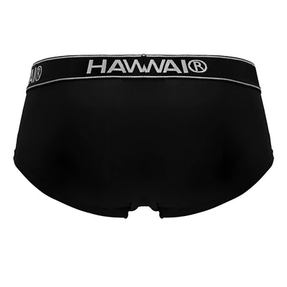 Black Hawai 41961 microfiber men’s briefs in black with a silver embroidered waistband front view