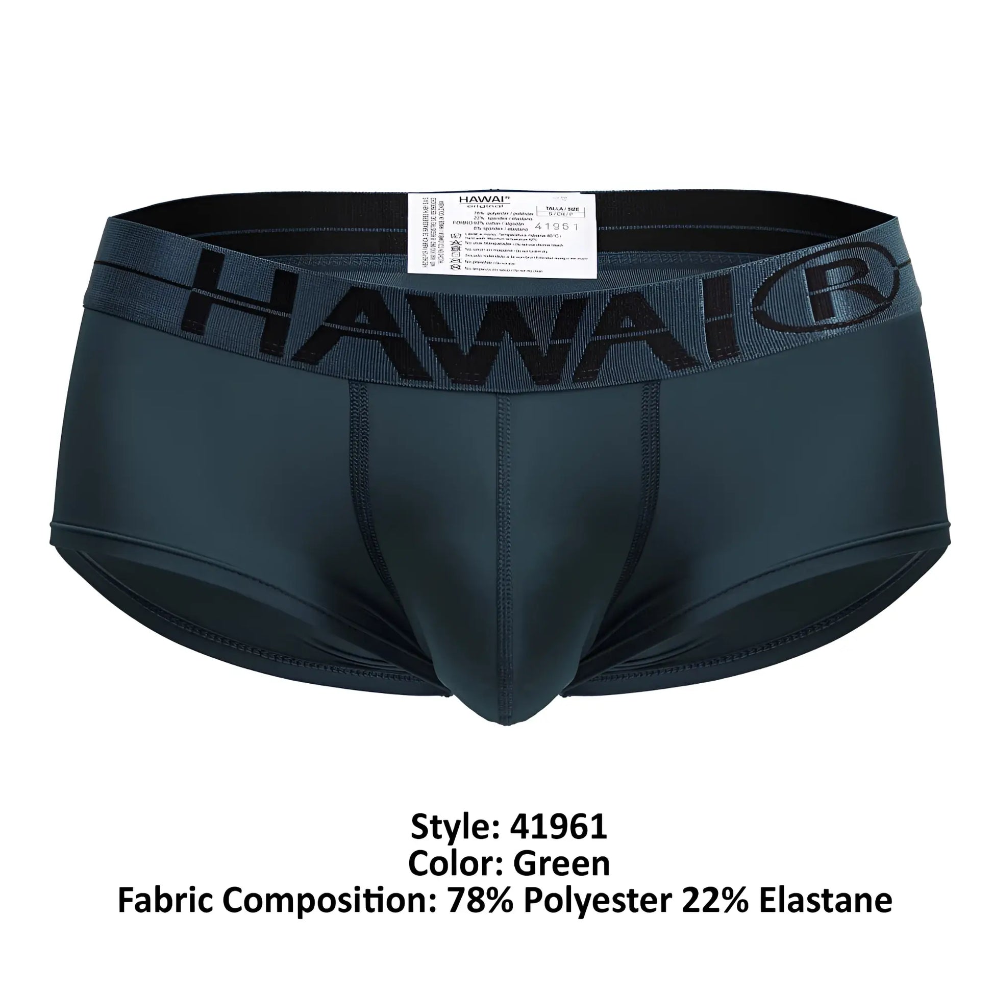 Dark green Hawaii 41961 microfiber briefs with black elastic waistband featuring brand name and logo