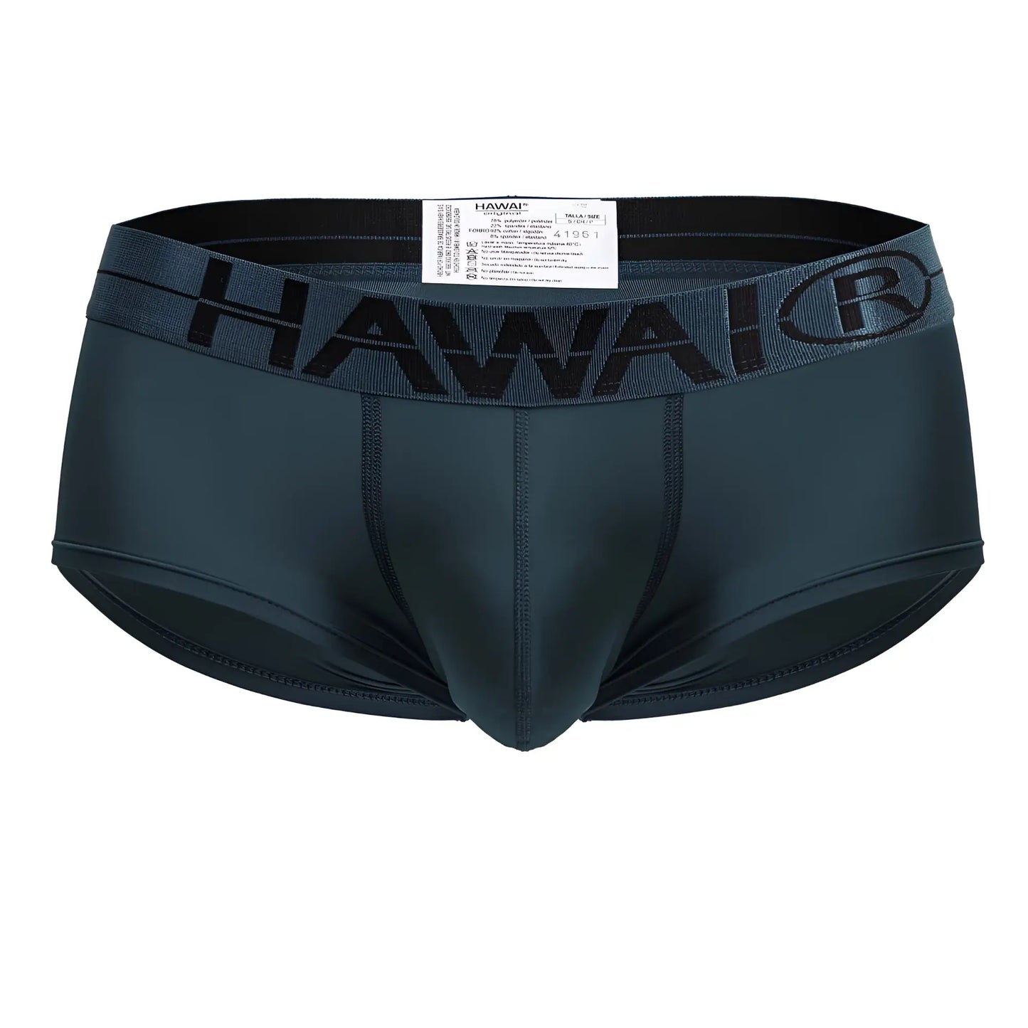 Dark teal hawaii® men’s microfiber briefs with a black elastic waistband featuring the brand logo in green color