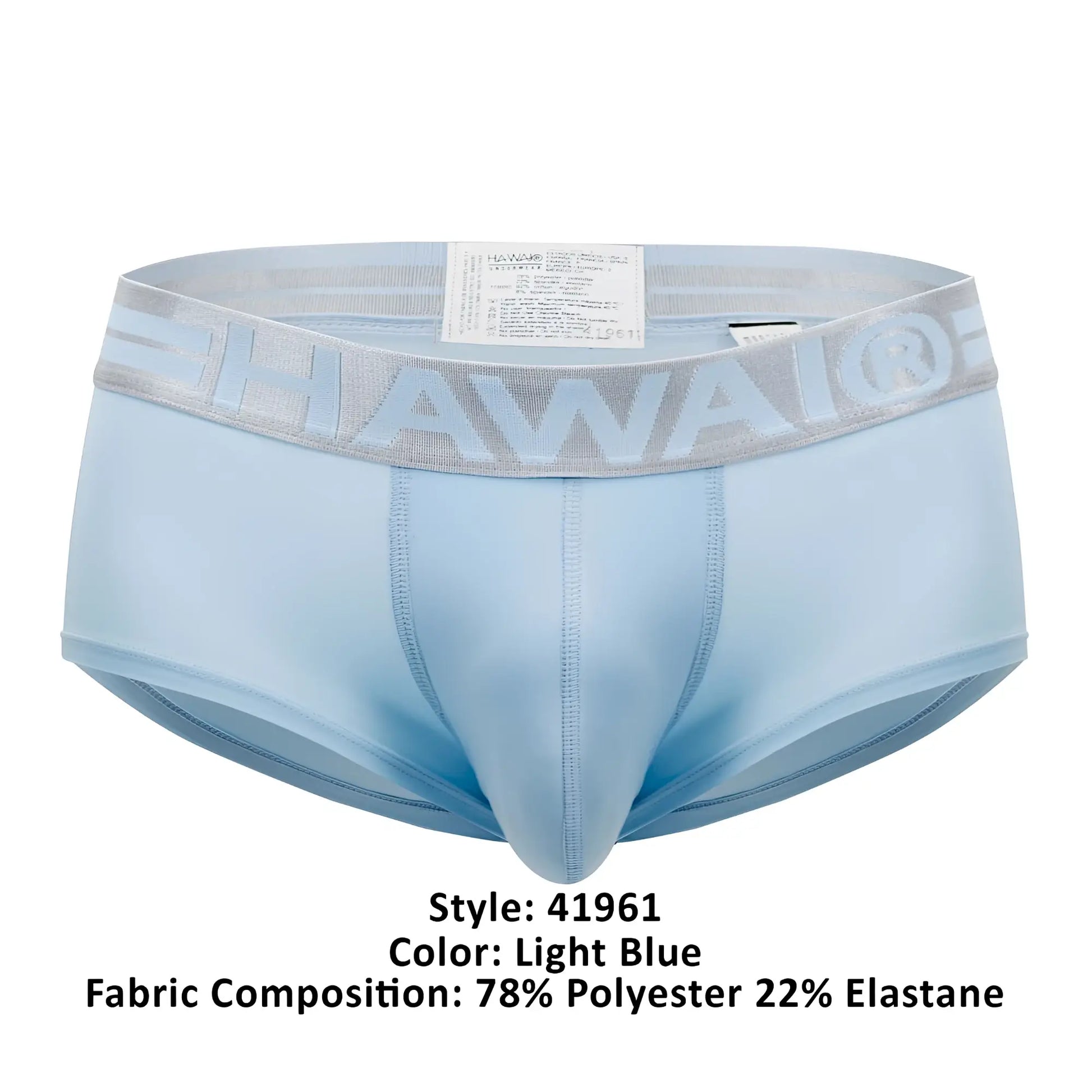 Light blue Hawai 41961 microfiber men’s briefs with gray elastic waistband featuring raised Hawai logo