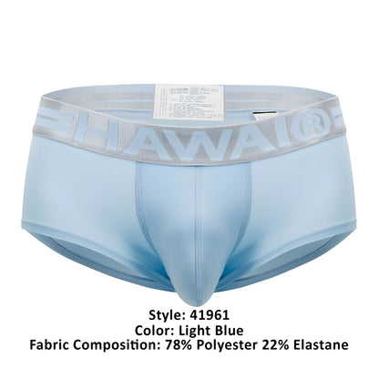 Light blue Hawai 41961 microfiber men’s briefs with gray elastic waistband featuring raised Hawai logo