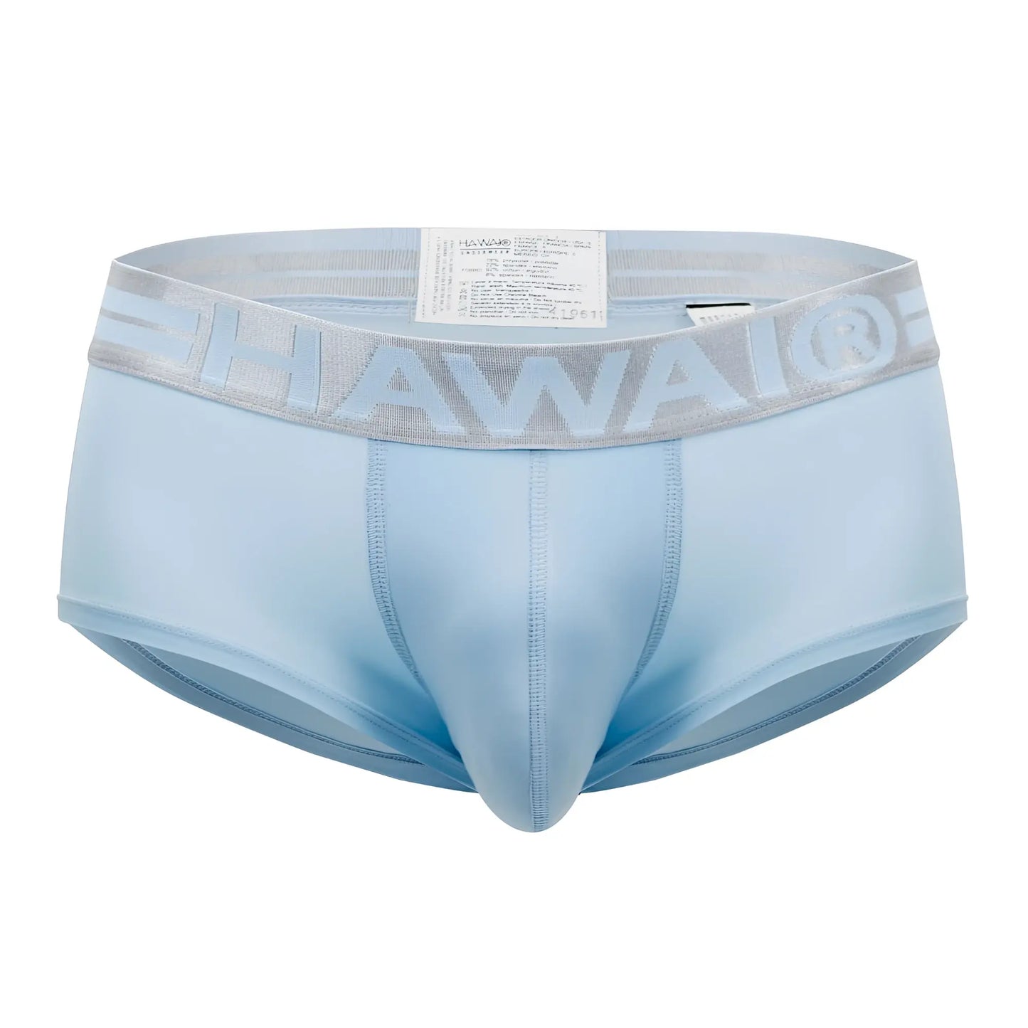 Light blue men’s microfiber briefs with gray elastic waistband featuring raised hawaii logo for comfortable wear