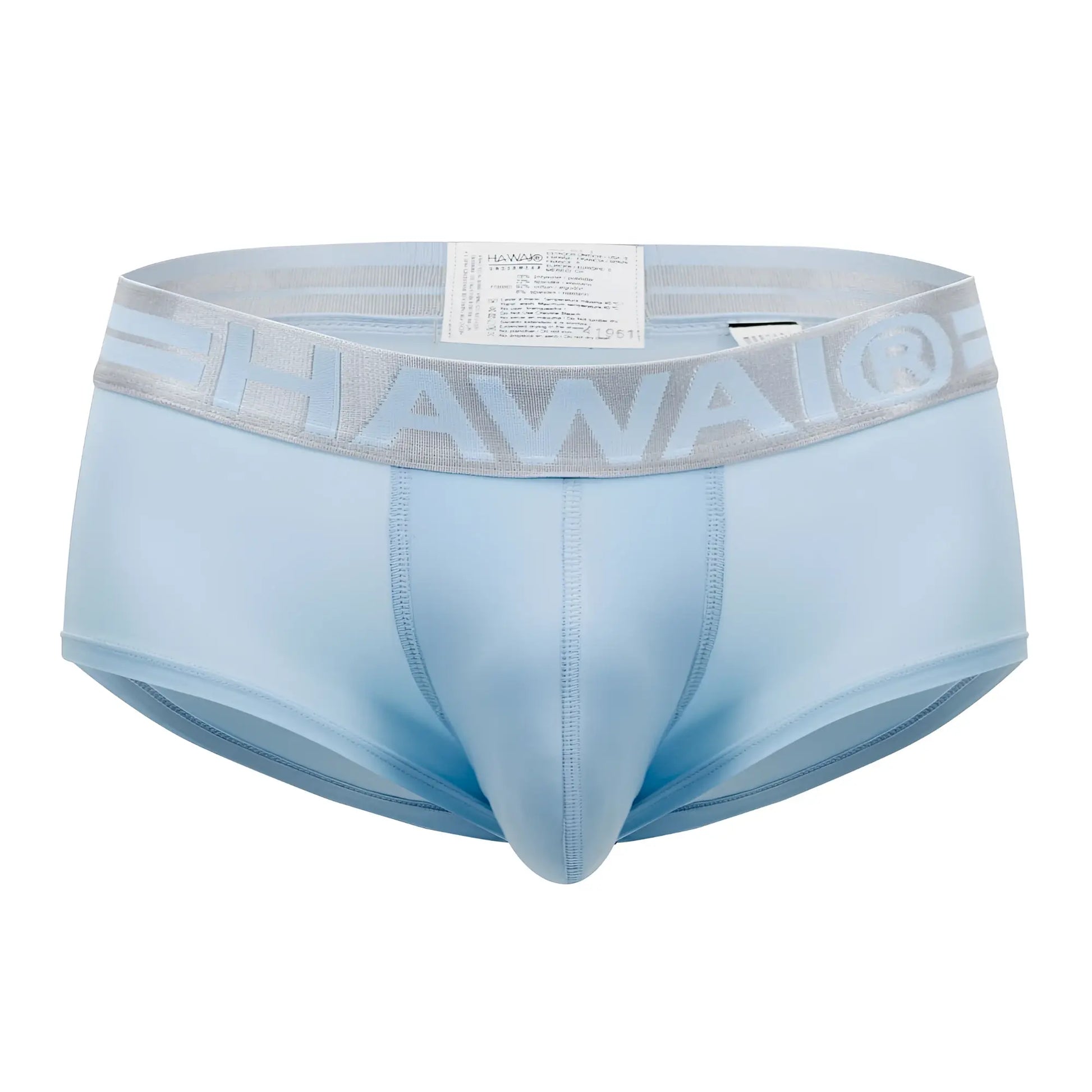 Light blue men’s microfiber briefs with gray elastic waistband featuring raised hawaii logo for comfortable wear