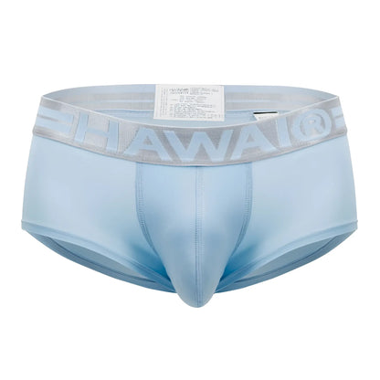Light blue men’s microfiber briefs with gray elastic waistband featuring raised hawaii logo for comfortable wear