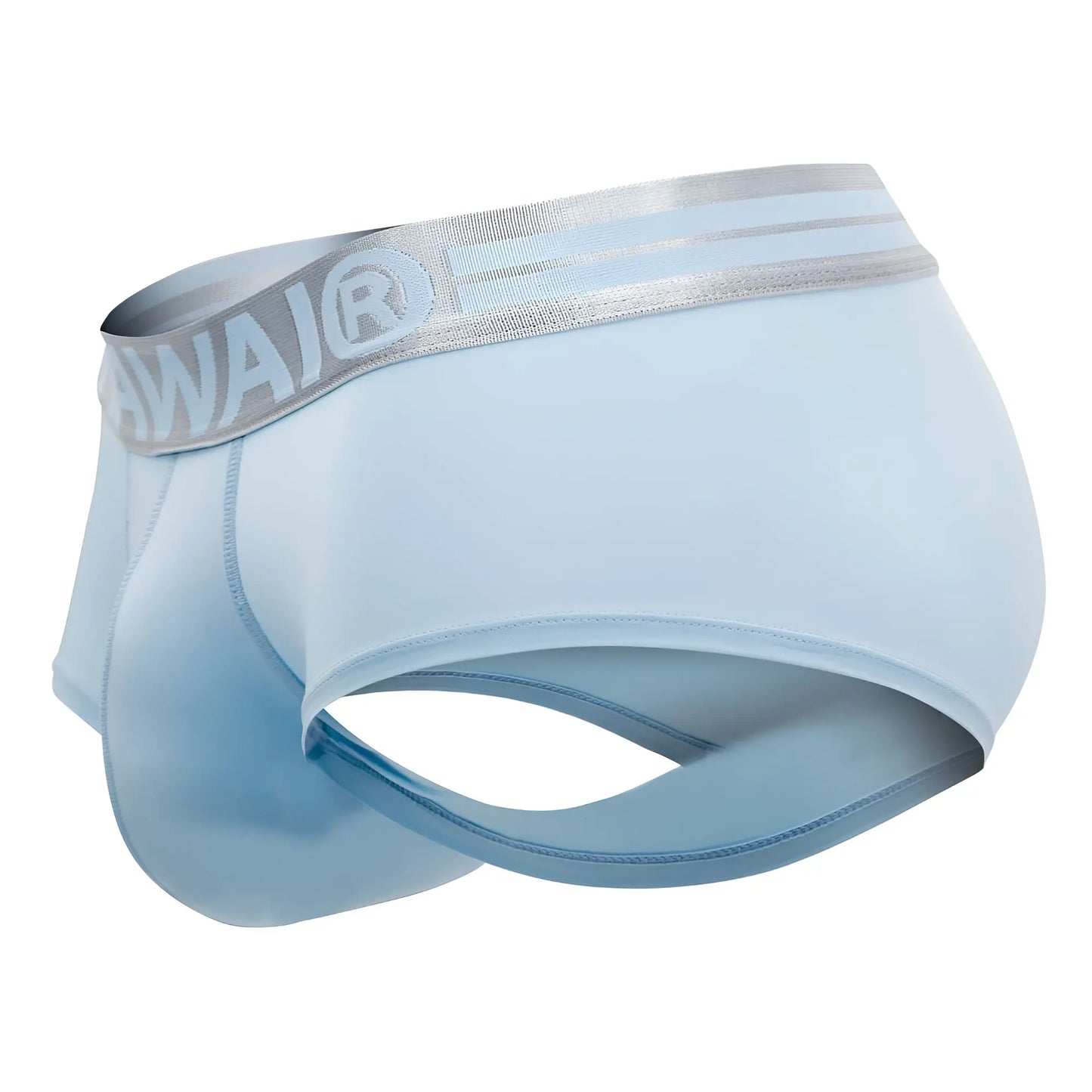 Light blue hawaï 41961 microfiber briefs with silver elastic waistband featuring the awaijr logo