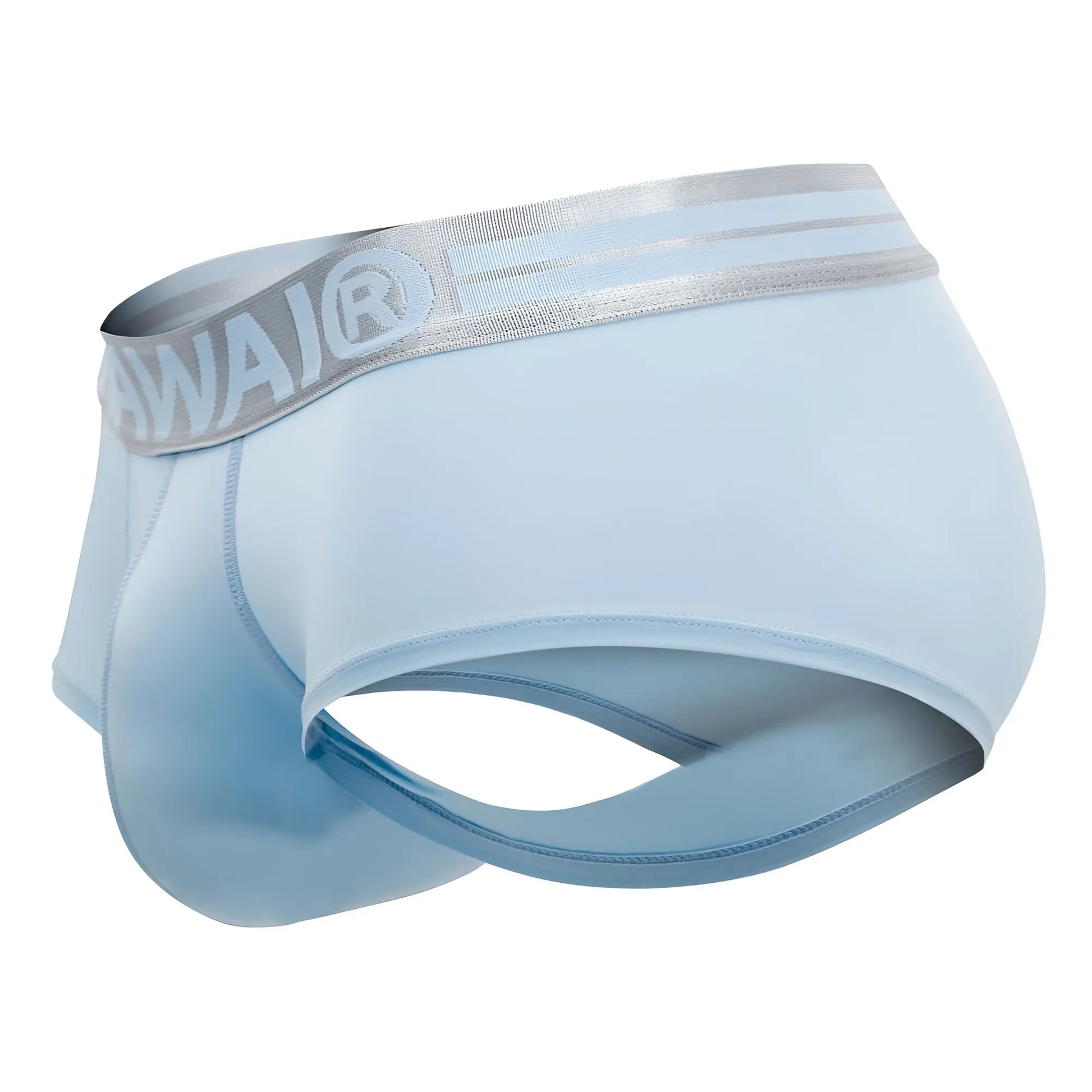 Light blue hawaï 41961 microfiber briefs with silver elastic waistband featuring the awaijr logo