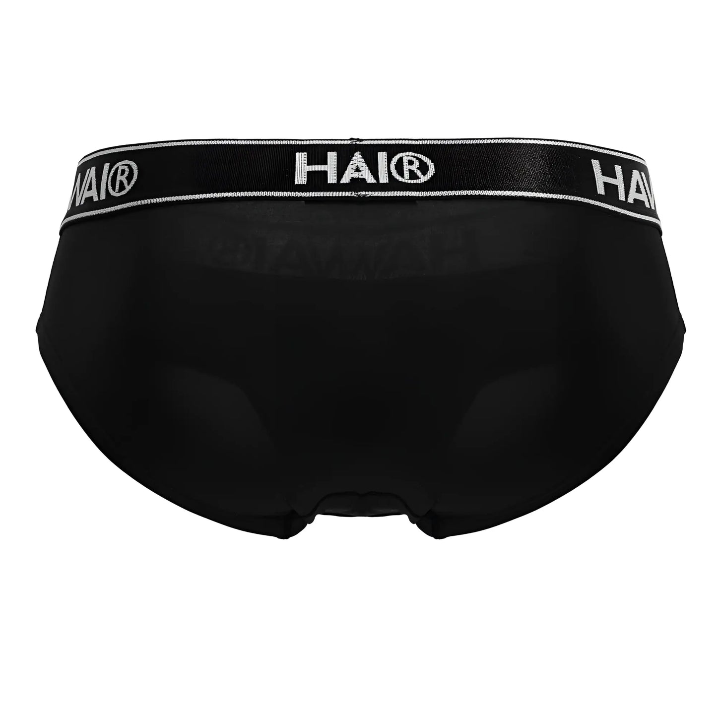 Black hai brand microfiber briefs in black with a white logo band shown from the front side