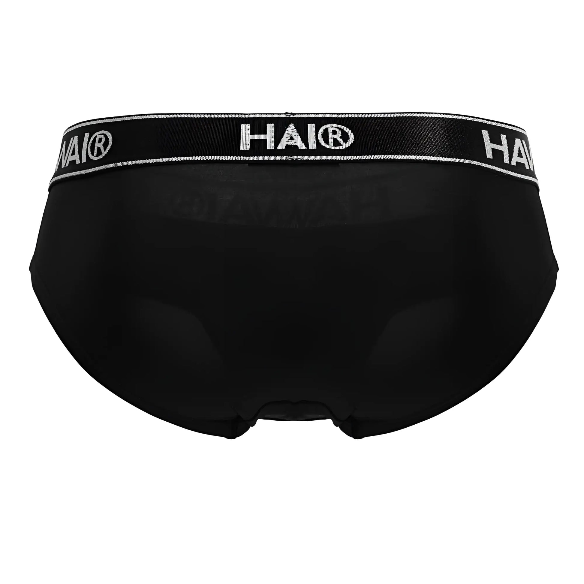 Black hai brand microfiber briefs in black with a white logo band shown from the front side