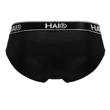 Black hai brand microfiber briefs in black with a white logo band shown from the front side