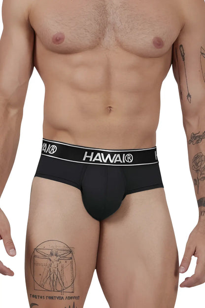 Black Hawa microfiber briefs with white elastic waistband featuring bold brand name for comfortable everyday wear