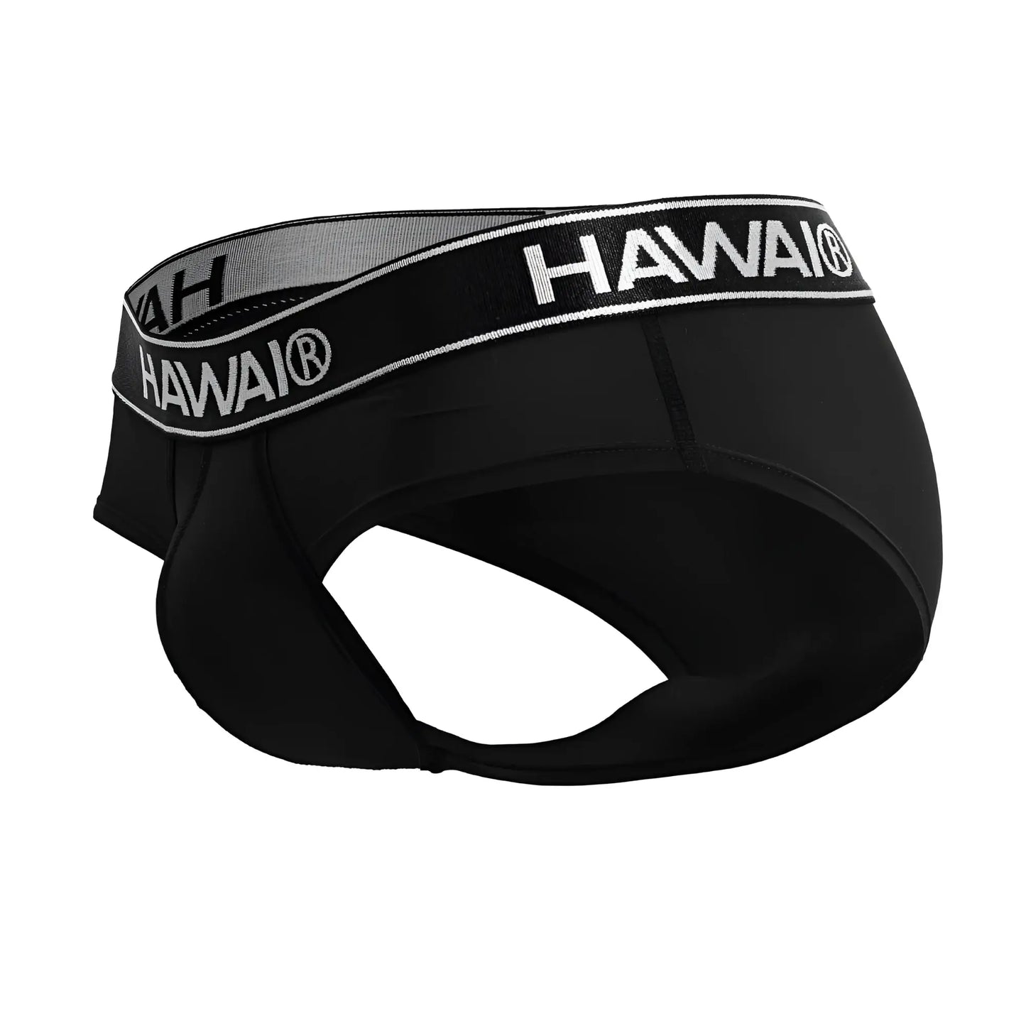 Black Hawai microfiber briefs in black with contrasting gray and white elastic waistband featuring bold logo lettering