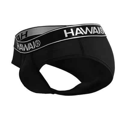 Black Hawai microfiber briefs in black with contrasting gray and white elastic waistband featuring bold logo lettering