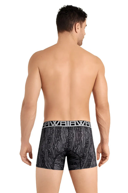 Black boxer briefs with gray wood grain pattern and white bowie elastic waistband hawai 42021 trunks color gray