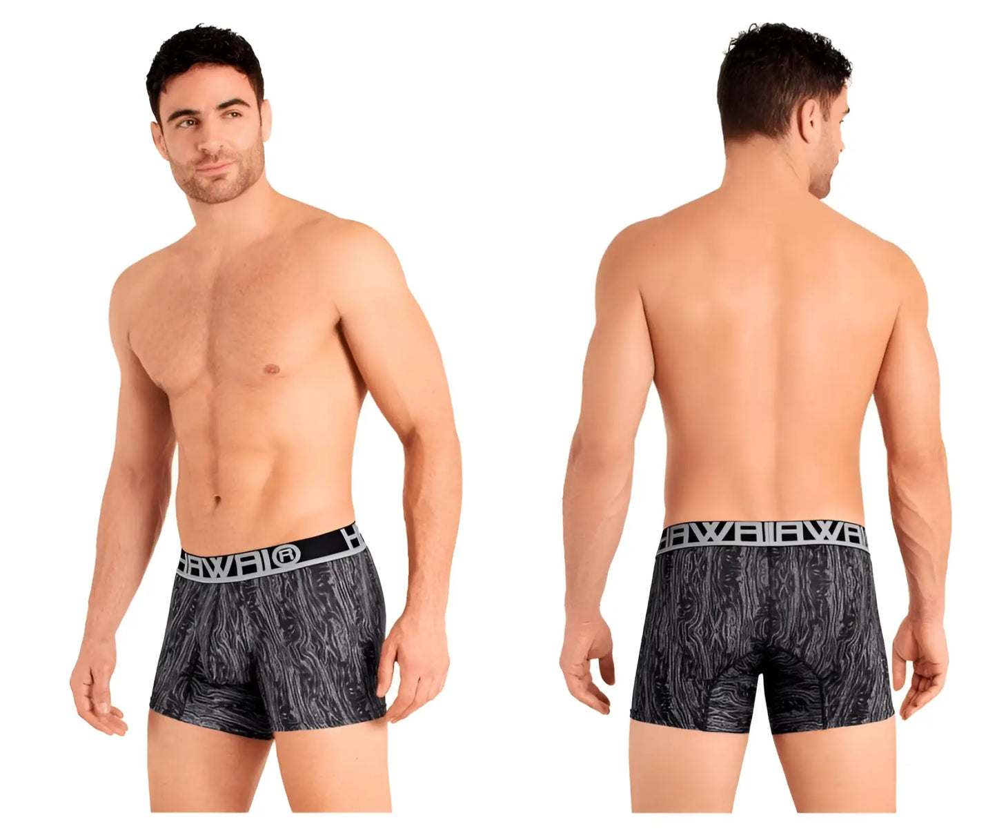 Gray black and gray patterned hAWAI 42021 trunks with white elastic waistband featuring bibl logo