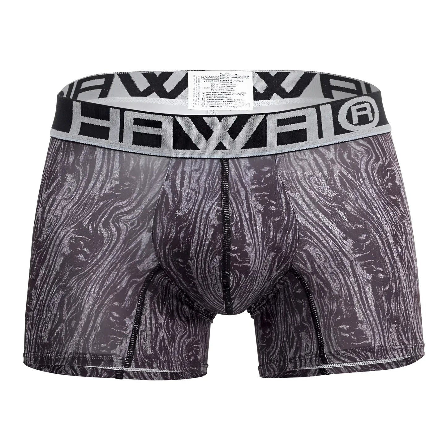 Black and gray patterned men’s boxer briefs with bold hawaii waistband in trunks color gray model HAWAI 42021