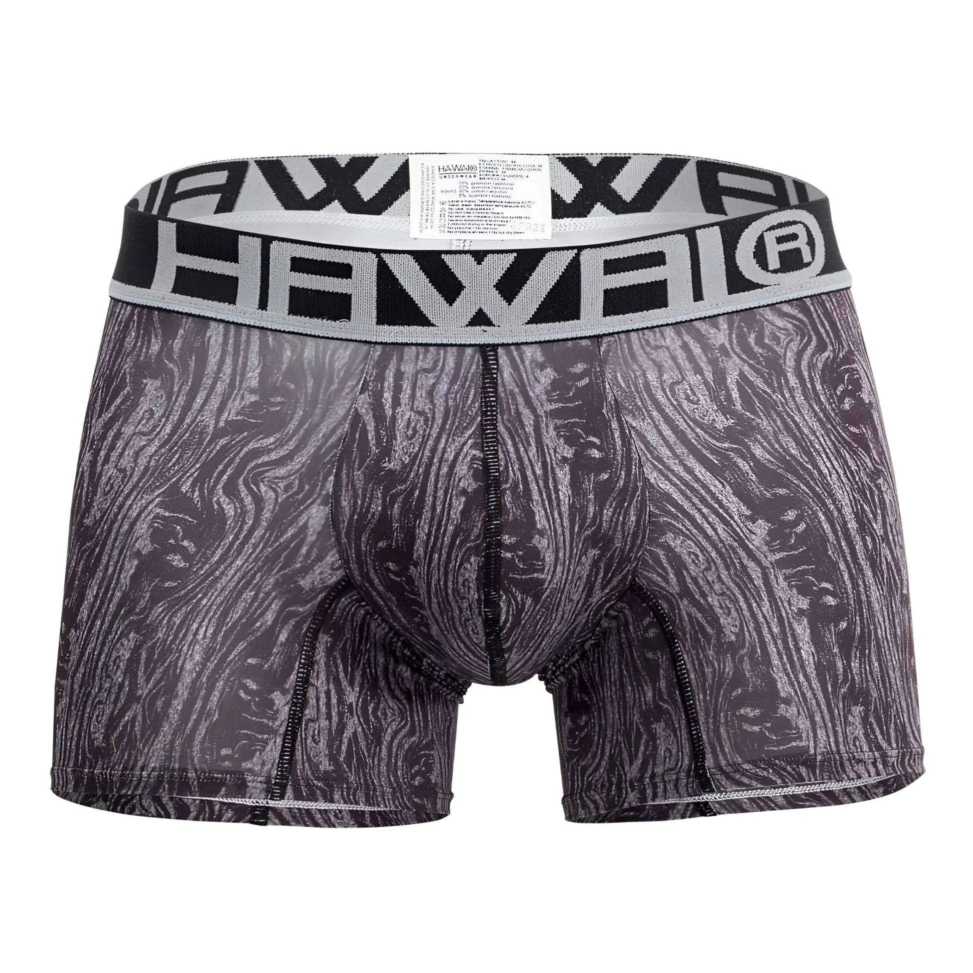 Black and gray patterned men’s boxer briefs with bold hawaii waistband in trunks color gray model HAWAI 42021