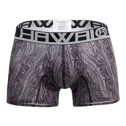 Black and gray patterned men’s boxer briefs with bold hawaii waistband in trunks color gray model HAWAI 42021
