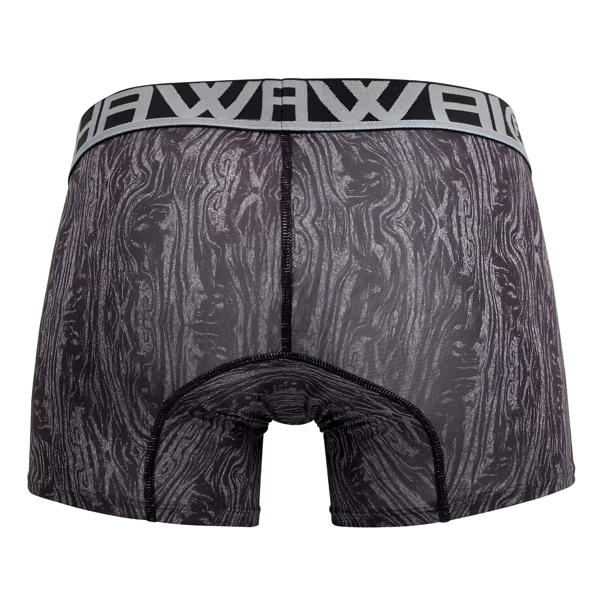 Gray hawai 42021 trunks boxer briefs with black and gray wood grain pattern and silver elastic waistband with brand name