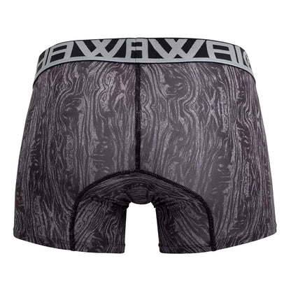 Gray hawai 42021 trunks boxer briefs with black and gray wood grain pattern and silver elastic waistband with brand name