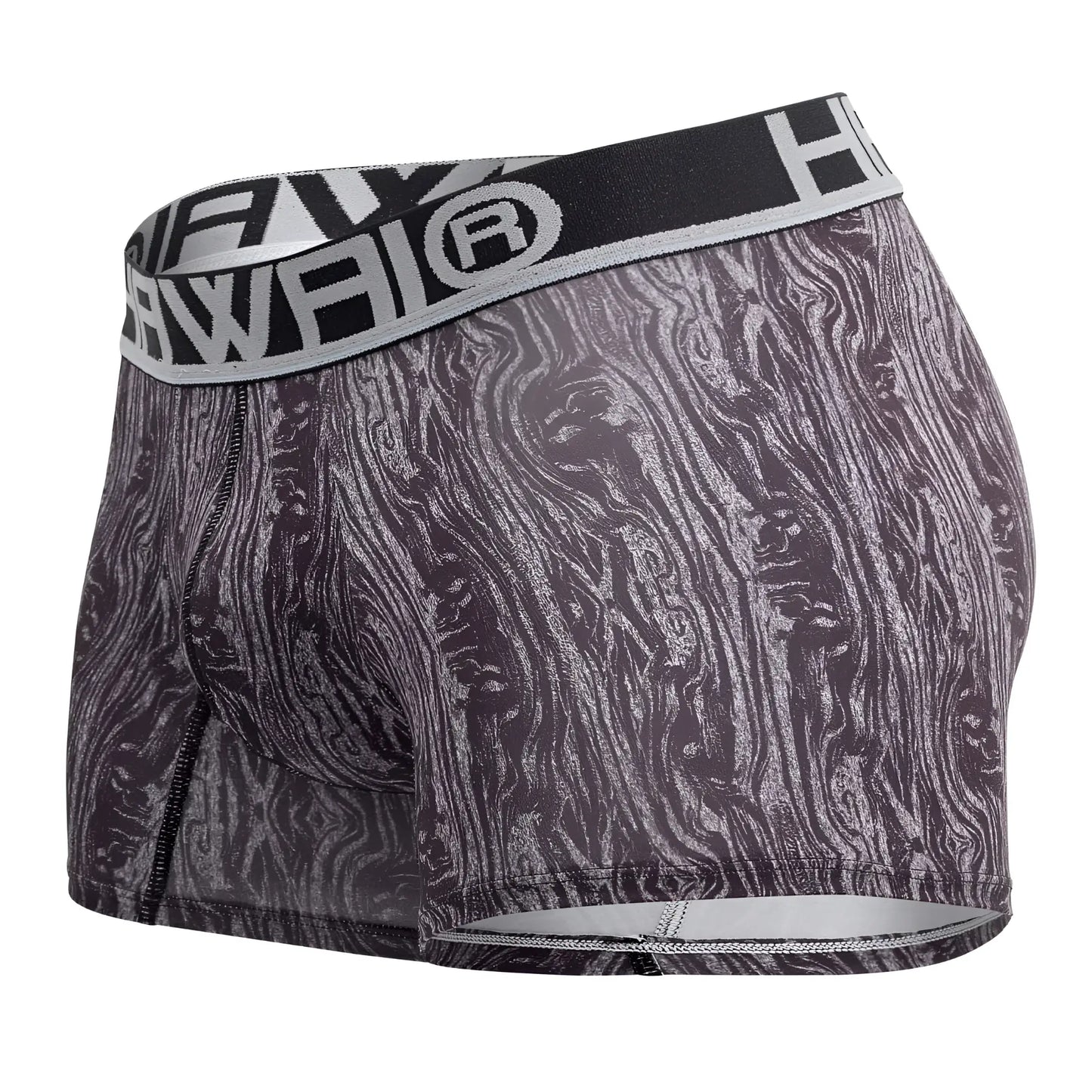 Black and gray wood-grain patterned HAWAI 42021 trunks with branded elastic waistband in gray color