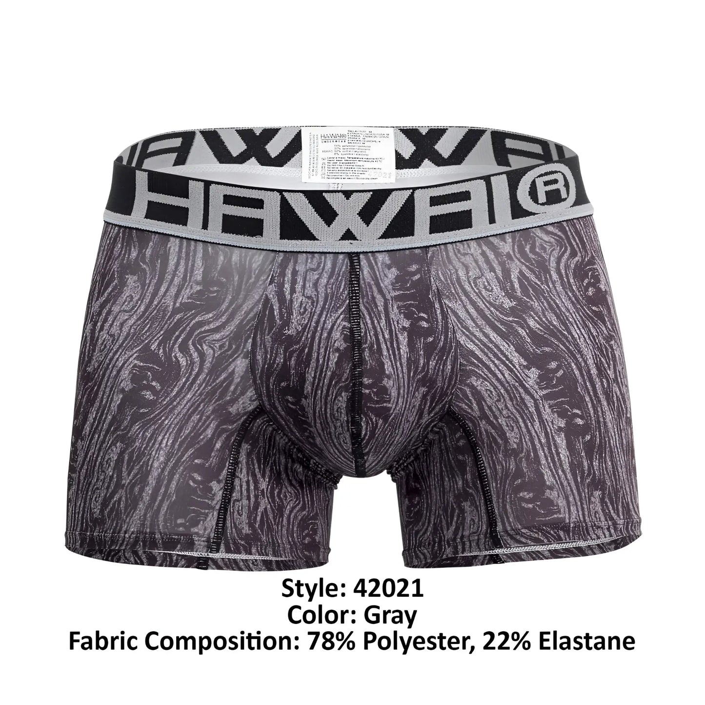 Gray hawaii 42021 trunks boxer briefs with black and white wood grain pattern and hawaii printed waistband