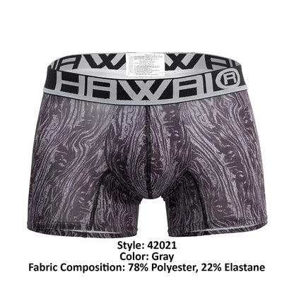 Gray hawaii 42021 trunks boxer briefs with black and white wood grain pattern and hawaii printed waistband
