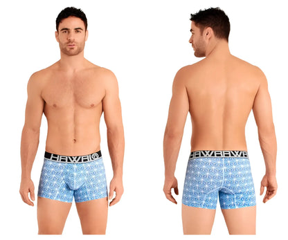 Light blue HAWAI 42022 boxer briefs with geometric pattern and black waistband featuring the Hawaii brand name