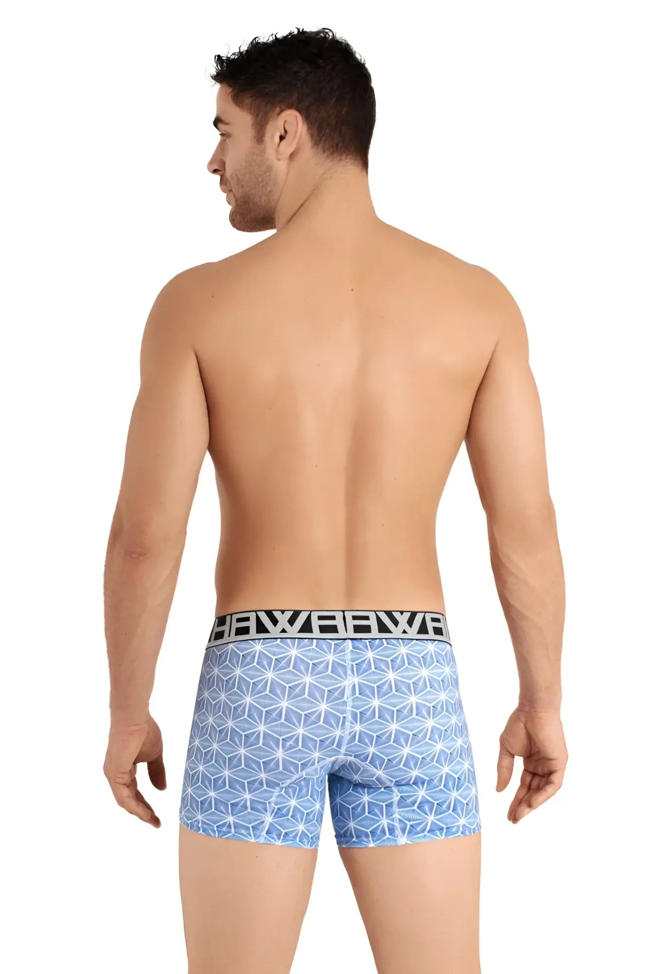 Light blue Hawai 42022 boxer briefs with geometric pattern and black elastic waistband featuring hawb logo