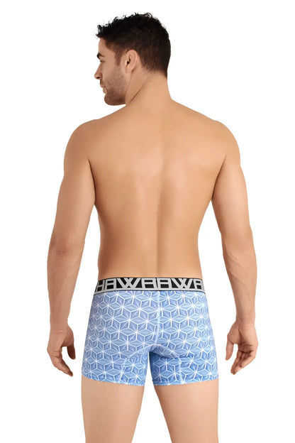 Light blue Hawai 42022 boxer briefs with geometric pattern and black elastic waistband featuring hawb logo