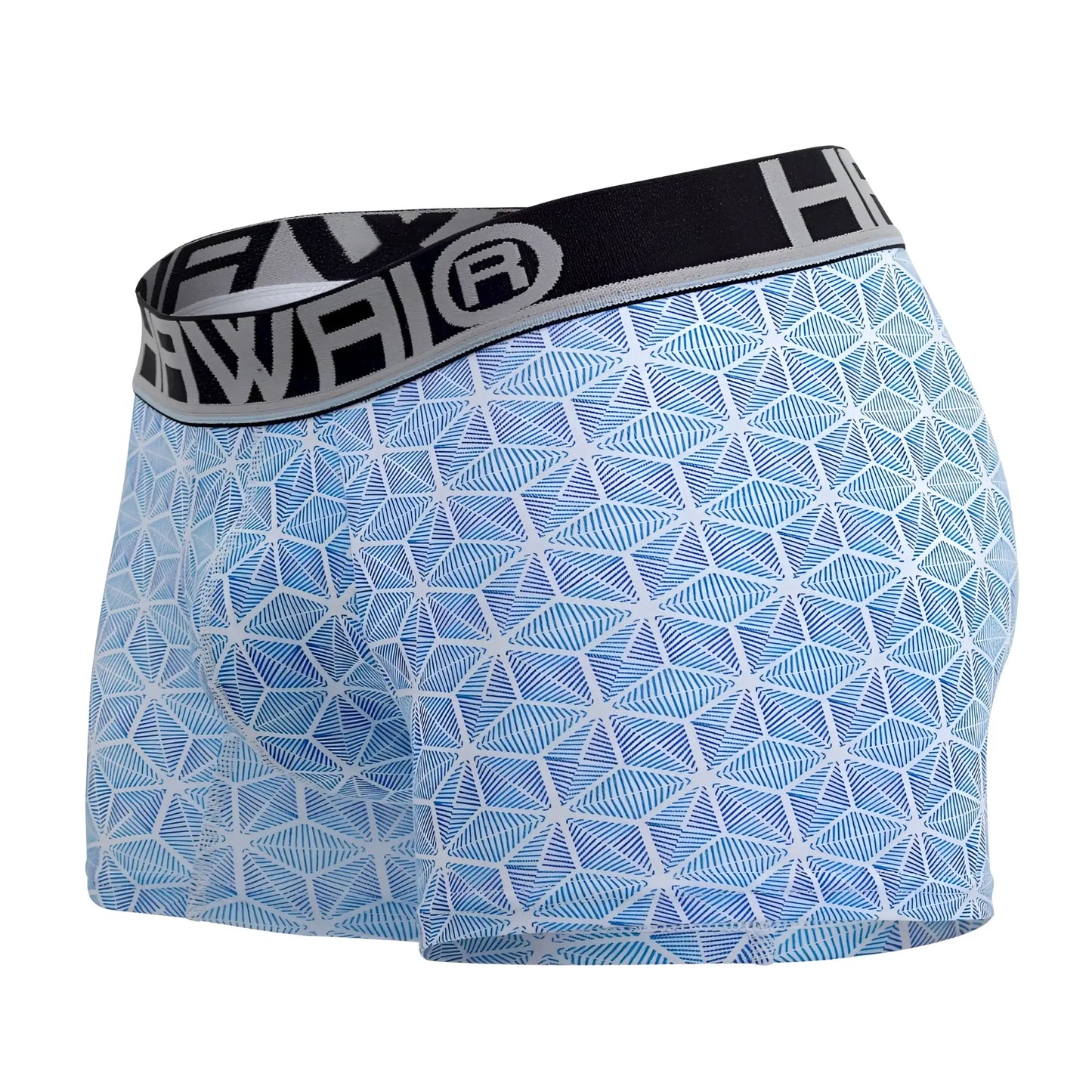 Light blue HAWAI 42022 trunks with geometric star pattern and black elastic waistband featuring hawai logo