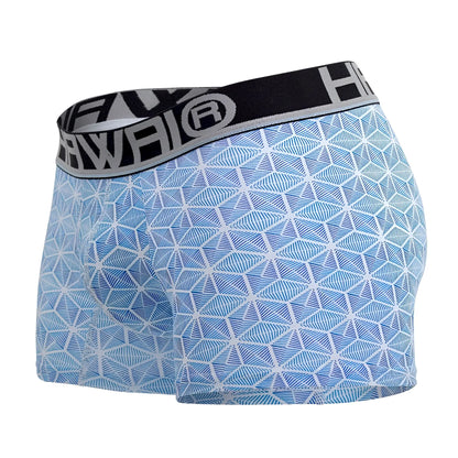 Light blue HAWAI 42022 trunks with geometric star pattern and black elastic waistband featuring hawai logo