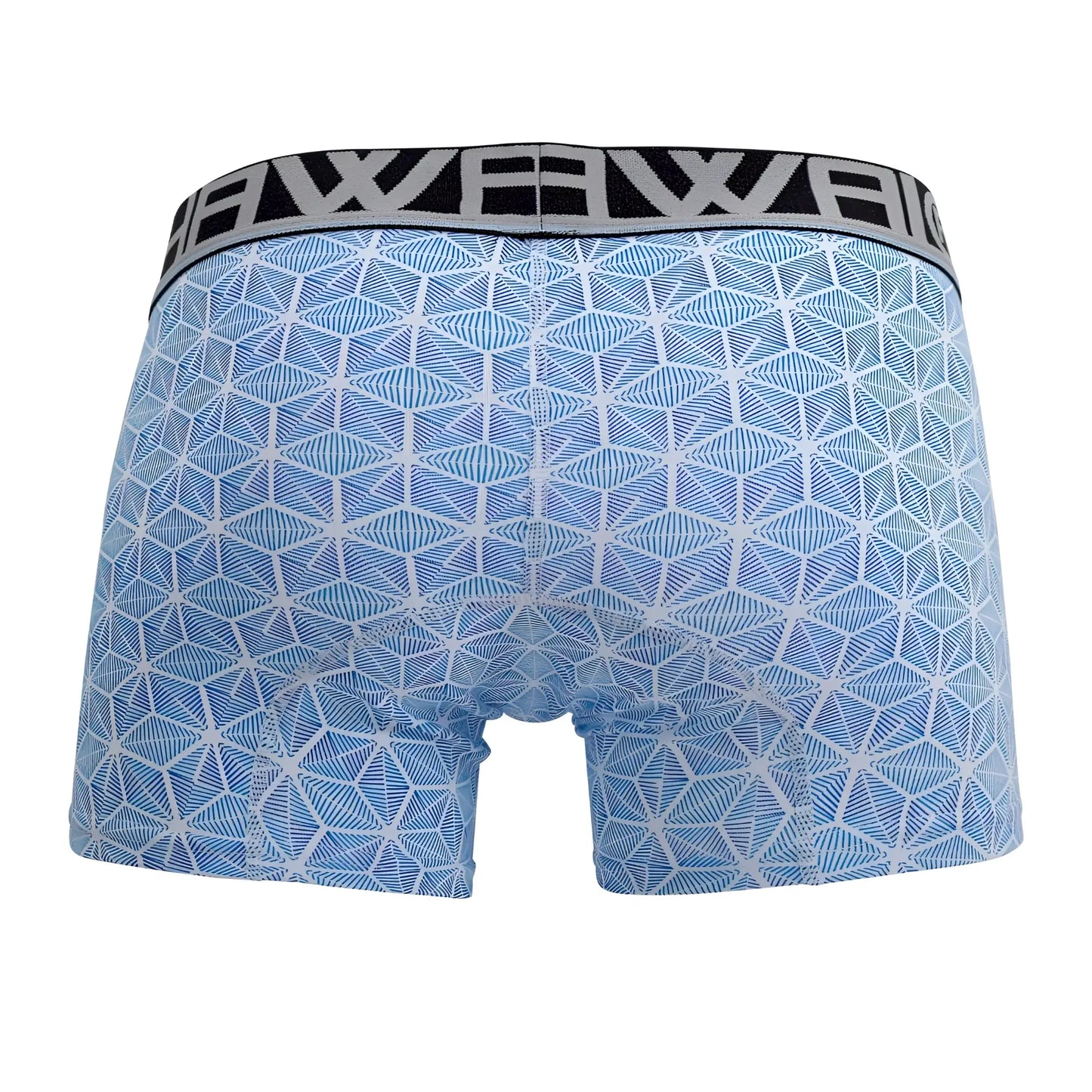 Blue patterned hawai 42022 trunks with geometric design and black elastic waistband with white lettering