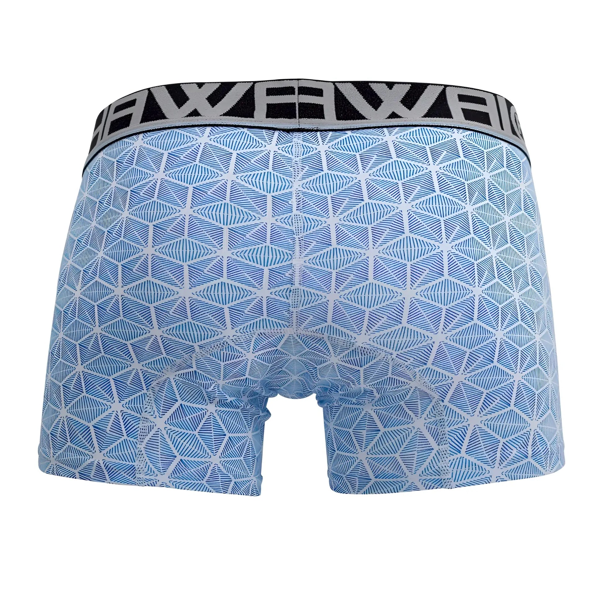 Blue patterned hawai 42022 trunks with geometric design and black elastic waistband with white lettering
