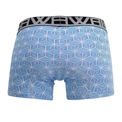 Blue patterned hawai 42022 trunks with geometric design and black elastic waistband with white lettering