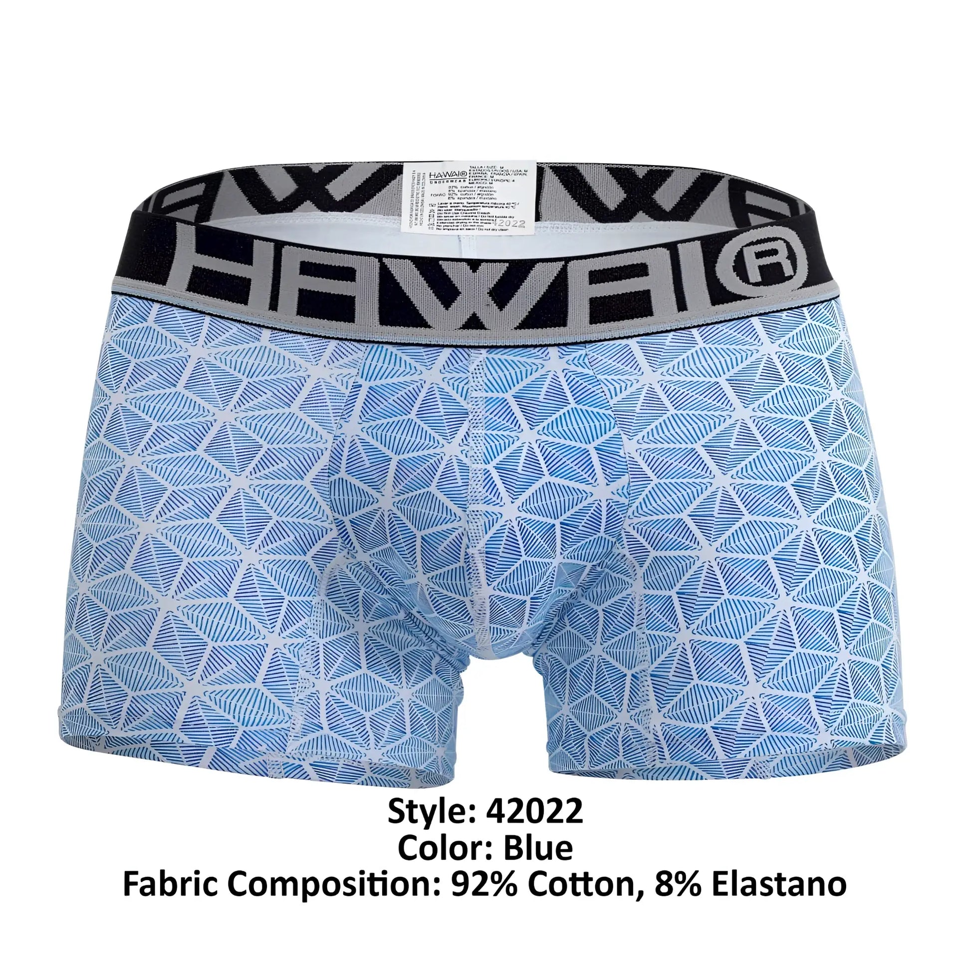 Blue patterned boxer briefs with geometric design and black waistband featuring Hawaii brand logo in HAWAI 42022 trunks color blue