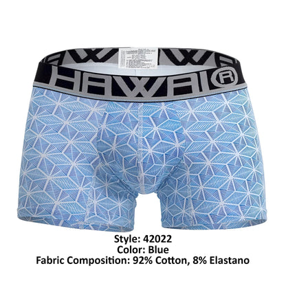 Blue patterned boxer briefs with geometric design and black waistband featuring Hawaii brand logo in HAWAI 42022 trunks color blue