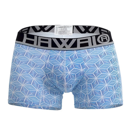Blue patterned men’s boxer briefs with a black and gray elastic waistband featuring the hawai brand logo